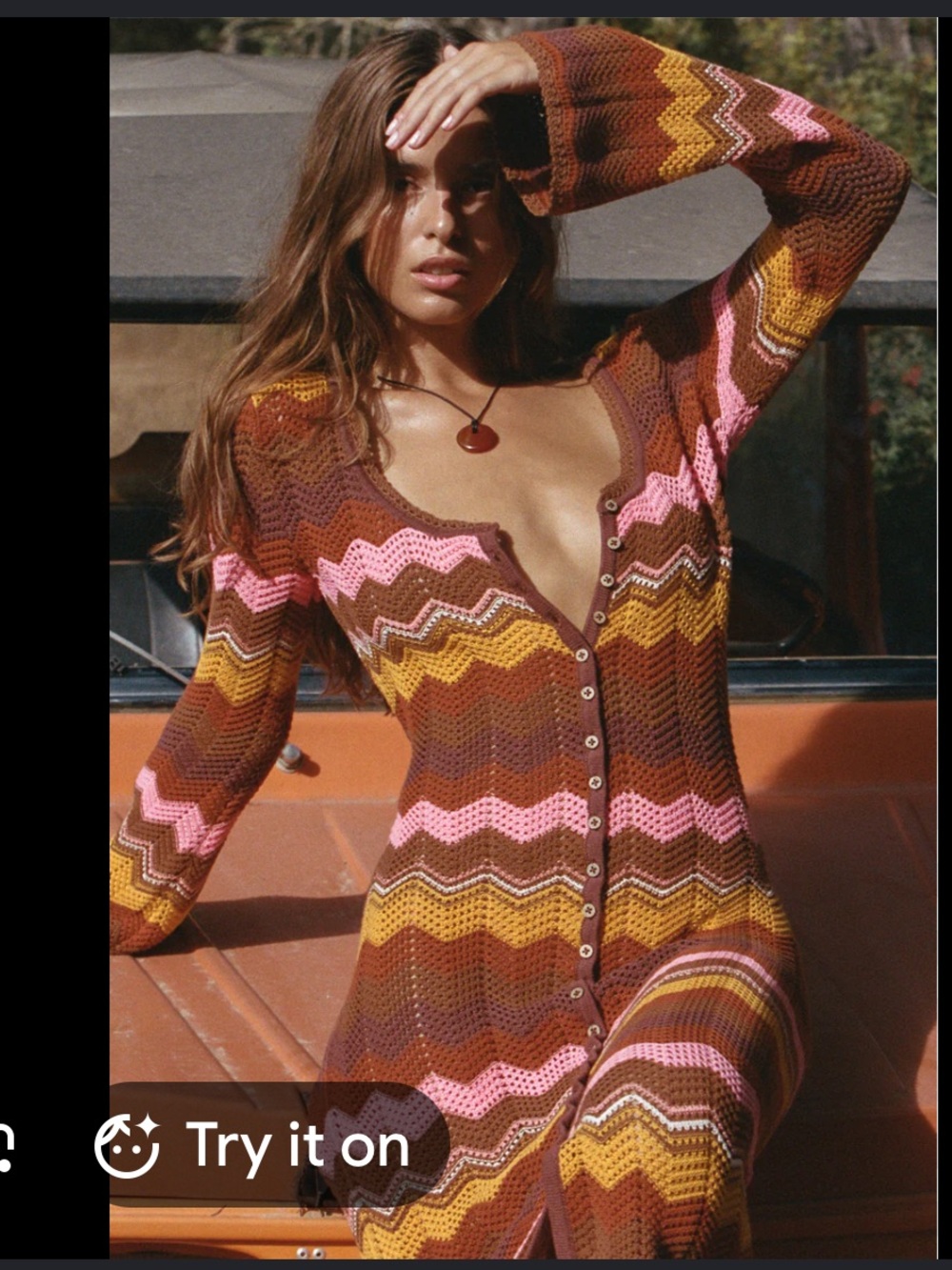 Spell Ziggy Crochet Button-Front Dress in Brown Multi